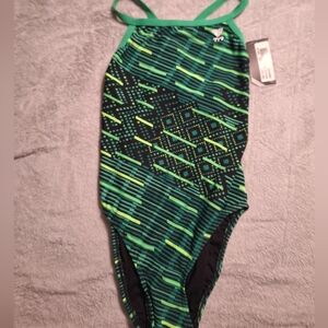 32 TYR Diamondfit Green and Black Geometric Swimsuit NWT